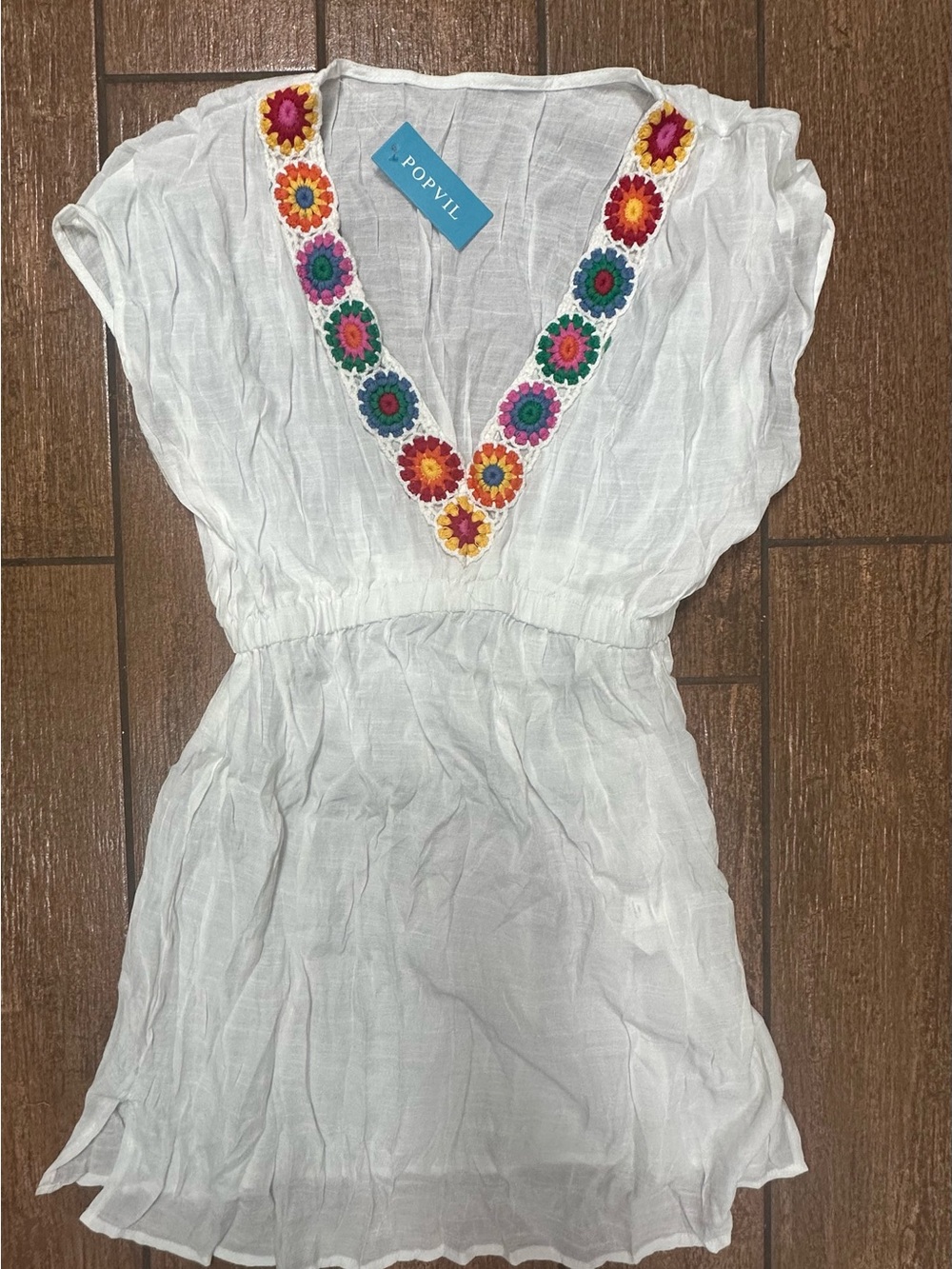 Pop Vil White Swim Coverup with Multicolor Crochet Trim